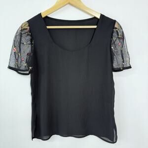 Wanabee Womens Top Size Small‎ Black Sheer Mesh Floral Embroidered Sleeves